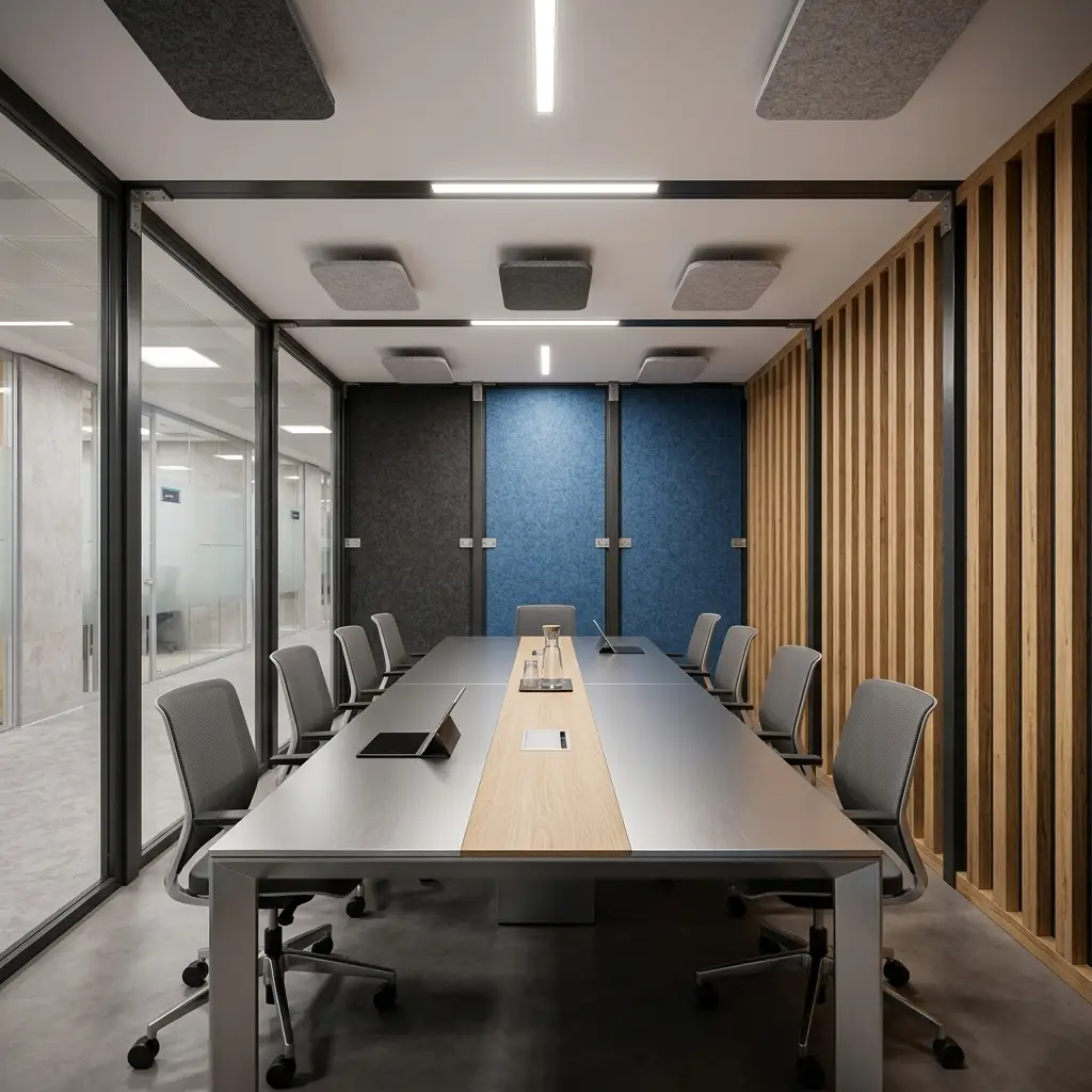Interior de una cabina de reuniones de la biblioteca de Construneo